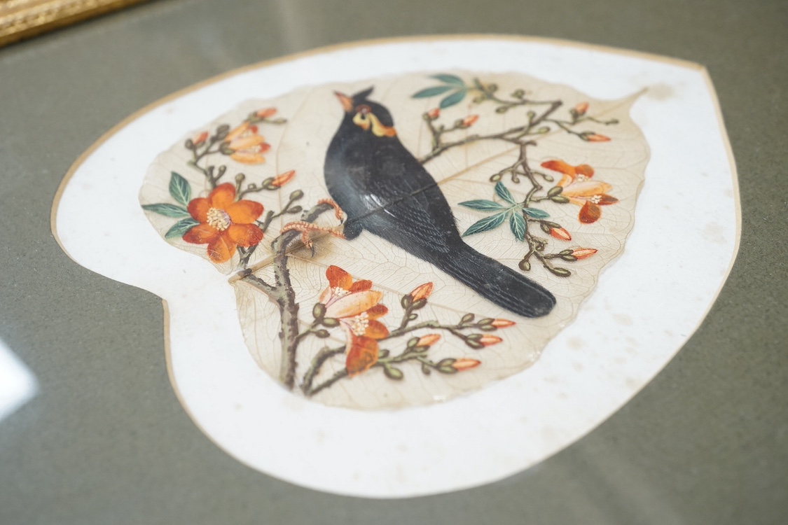 Chinese School, pair of pith paper paintings, to include Figures hunting, together with a pair of paintings on leaves, Birds of paradise amongst flowers, largest 19 x 31cm. Condition - fair